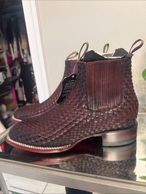 Woven Leather Chelsea Boots in Dark Burgundy by